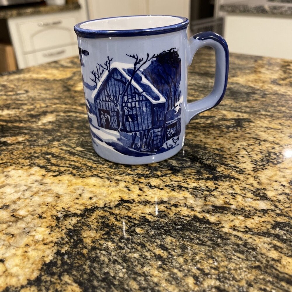 Vintage Otagiri Blue Mug Winter Scene Barn Cabin Carriage Horse Japan Blue White